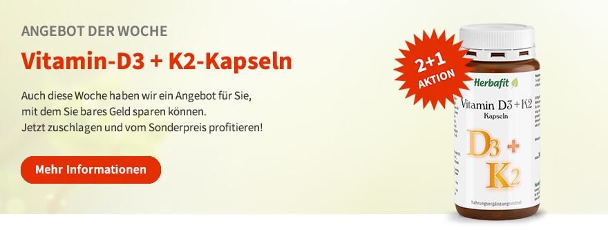 Angebot der Woche 9118 Vitamin-D3 + K2-Kapseln von Herbafit jetzt 2+1 Aktion