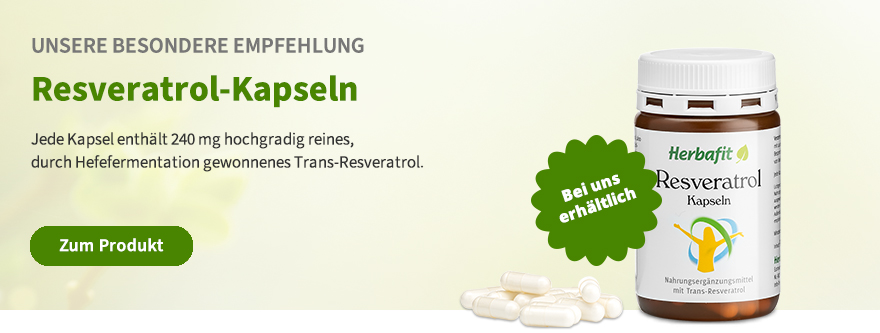 Unsere besondere Empfehlung Produktfoto der Resveratrol-Kapseln von Herbafit – unsere besondere Empfehlung